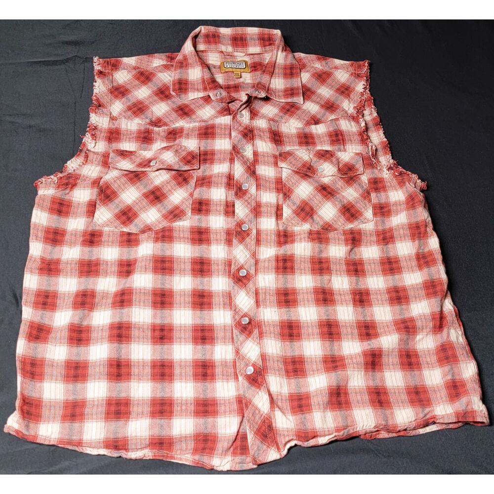 Fourcast Workwear Cut Off Sleeveless Red Flannel Pearl Snap Shirt Mens Size XXL